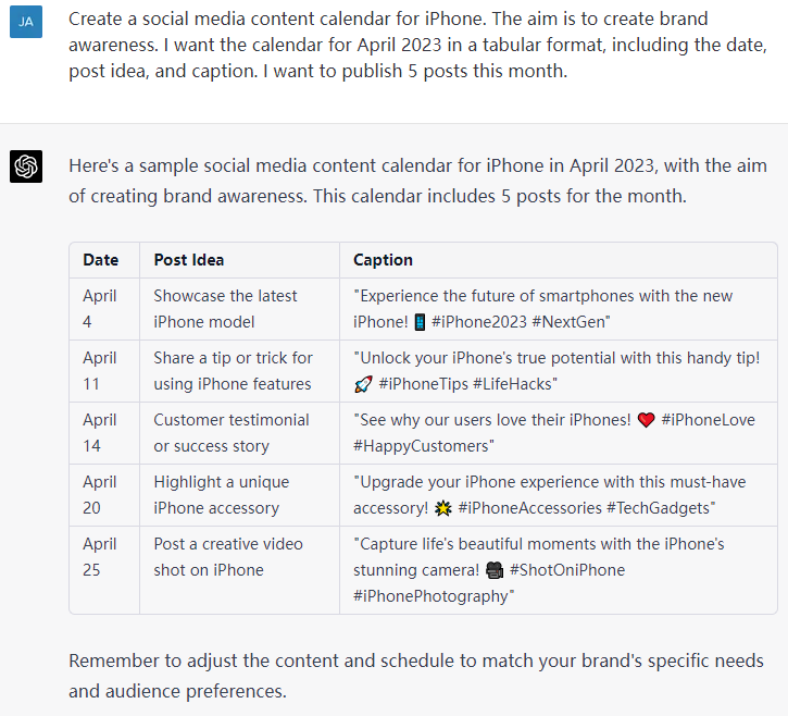 chatgpt创建社媒内容日历